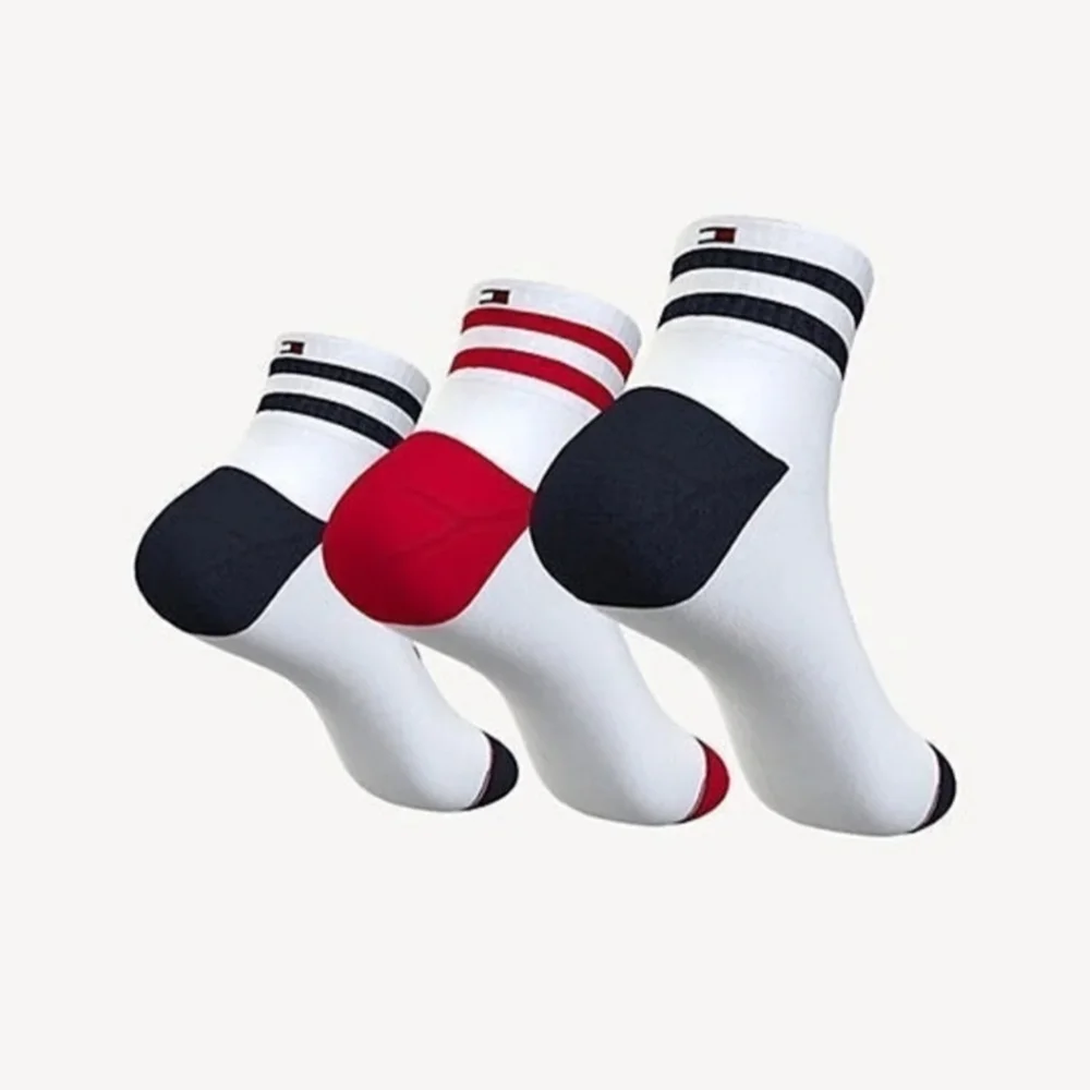 TOMMY HILFIGER Quarter Sport Socks 3 PK WHITE/MULTI OS MEN'S BNWT 1 SET LEFT